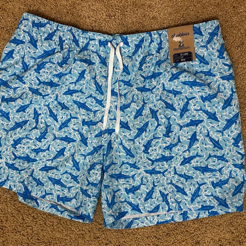 NWT Chubbies Blue Shark Print Swim Shorts -The Shark Sides